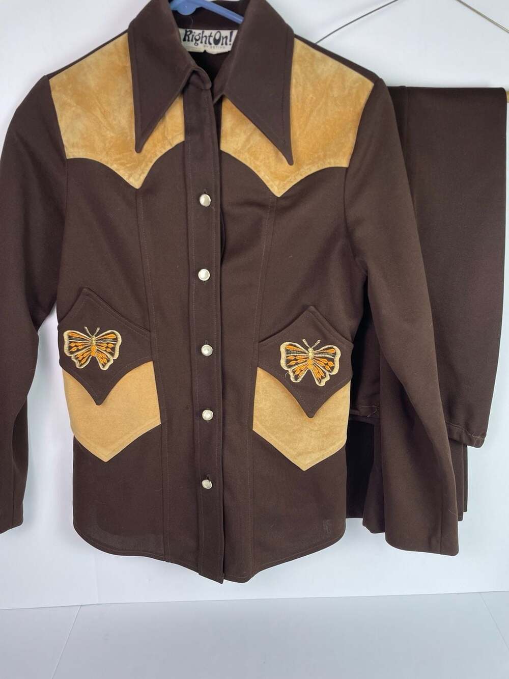 VTG 70s Right On! By Estivo Brown Western Suit Butterfly Embroidery 2-Piece Set